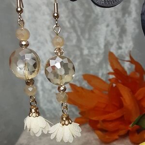 Handmade Neutral Etched Crystal Earrings With Flower Tan Ivory